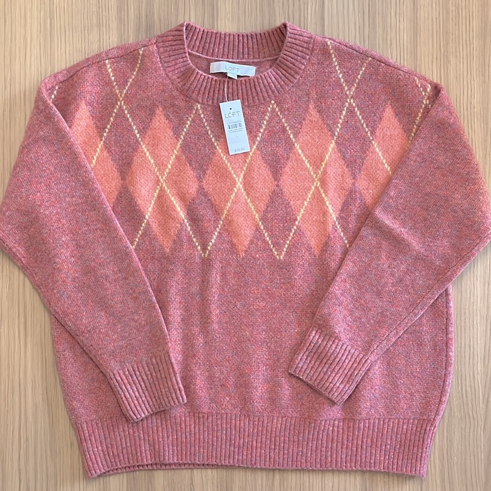 Loft, Women’s beautiful crew neck wool blend argyle sweater, size L